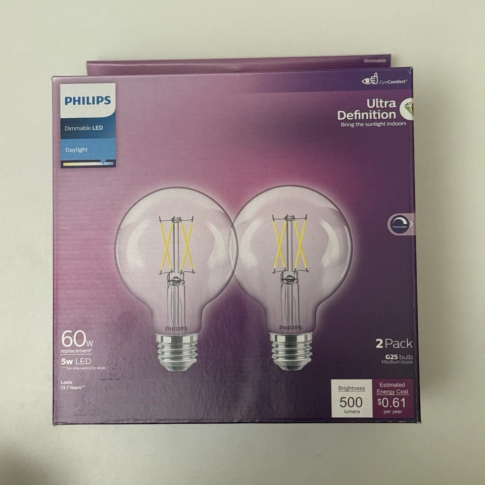 2 pk Philips Vintage Edison LED Bulb 60W Equivalent 5W G25 medium base bx240 - Image 1 of 3