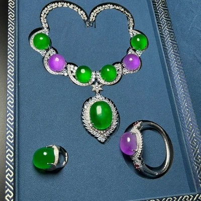 inlay Nature ice multicolor Burmese Jade jadeite necklaces&bracelets&Rings Sets - Image 1 of 4