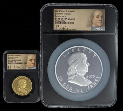 2025 Benjamin Franklin 1oz Gold & 5oz Silver Medal Set PR70 Ultra Cameo NGC - Image 1 of 4