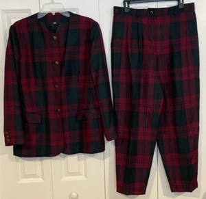 Vintage Pitlochry Red Green Blue Plaid Wool Size 16 Jacket Size 18 Pants Suit - Picture 1 of 16