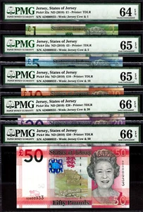 Jersey 1, 5, 10, 20, 50 Pound 2010 MATCHING LOW # 000933 GEM UNC PMG 64 - 66 EPQ - Picture 1 of 3