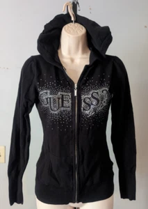 Guess Black Logo Sweater hoodie cardigan Rhinestones Full Zip Pockets Medium - Picture 1 of 7