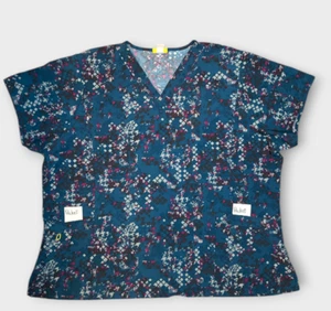 WonderWink Womans 3X Scrub Top Spread Good Cheer Teal Short Sleeve Digital Camo - Picture 1 of 6