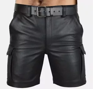 Mens Black Leather Shorts Leather Cargo Shorts Black Shorts Made to Order BLUF - Picture 1 of 3