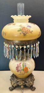 Antique or Vintage Gone With the Wind Hurricane Lamp w Crystals Works 