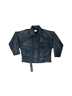 Chaqueta de cuero vintage Contempo informal para mujer mediana Moto negra forrada aislada Foto 1 de 4