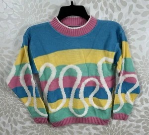 Vintage JJ Poole Girl’s M/L Colorful Stripe Pulllover Sweater Top Pink Blue M L - Picture 1 of 13