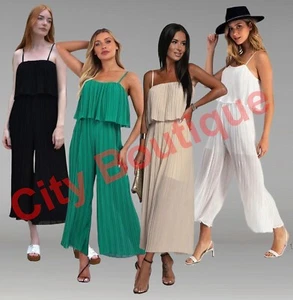 Women Trendy Pleated Layer Wide Leg Frill Strappy Jumpsuit - Picture 1 of 2