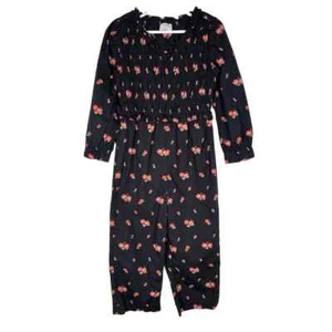 J. Crew Crewcuts Girls Floral Smocked Jumpsuit 5 Black Pink Ruffled Cotton - Picture 1 of 7