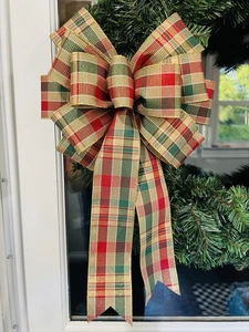 Handgefertigte glitzernde rot grün gold kariert 10 x 16 Zoll Schleife für Weihnachtsfeiertag - Bild 1 von 5