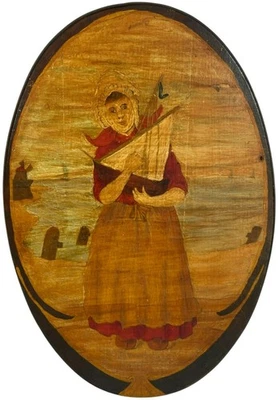 Antique Folk Art Primitive Painting Wood Plaque Early American Dutch 11"x7" - Image 1 of 4