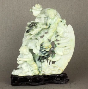 Jadeite Carving of two immortals Hehe (Erxian) Twins playing in Lotus Antique - Picture 1 of 13
