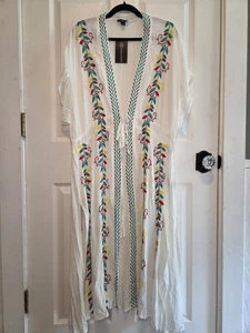 Curaciones Kimono Encubrimiento Blanco Floral Bordado Largo Fluido Corbata Frontal Playa L - Imagen 1 de 12