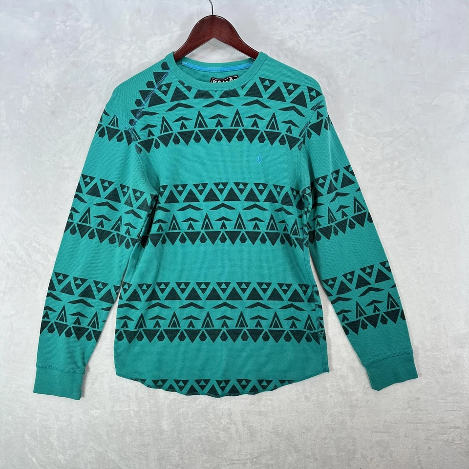 Volcom Thermal Shirt Mens Medium Teal Tribal Stripe Long Sleeve Waffle Knit Y2K - Image 1 of 4