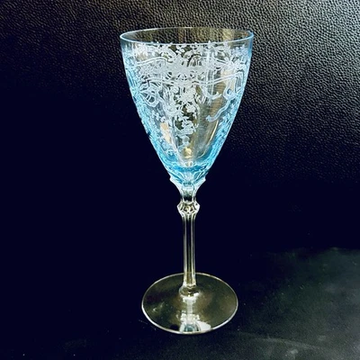 1 Fostoria June Azure Blue 8 ¼" 10 oz Water Goblet Wine Glass Etched Vtg - Image 1 of 4