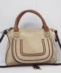 Chloe Marcie Medium Suede Leather Satchel Shoulder Bag Soft Tan Burgundy Unused - Picture 1 of 12