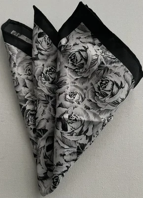 Pocket Square, 10 Inch, Black Edge,  Black & White Flowers - Image 1 of 4