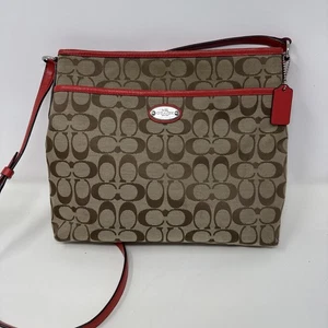 Coach Signature Canvas File Crossbody Bag Khaki/Classic Red F36378 Zip Closure. - Picture 1 of 19