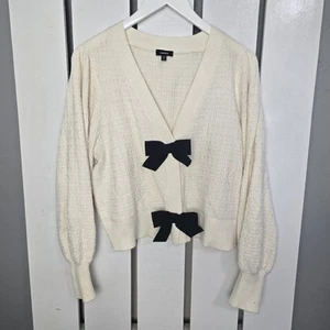 Express Textured Soft Knit Cream Cropped Bow Cardigan XL Balletcore Coquette - Afbeelding 1 van 13