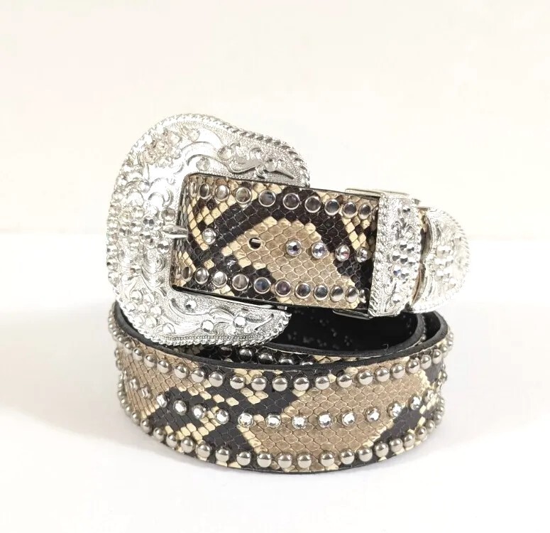 Studded Rhinestone Snake Skin Western Leather Belt Vintage 