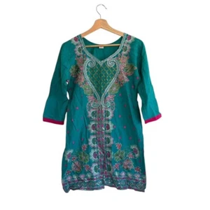 TOP KURTA MUJER BOHO INDIO HECHO A MANO VERDE BORDADO ALGODÓN FLORAL PEQUEÑO - Imagen 1 de 8