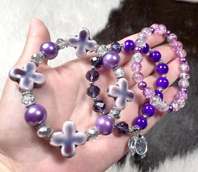 Pulsera Boho con Cuentas Pila Cuentas PÚRPURA Cruz Brillante Pulsera Elástica  Foto 1 de 4