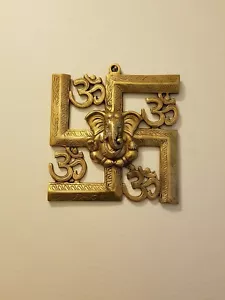 Handmade Authentic Brass Swastik Lord Ganesha with Om Symbols Wall Hanging Decor - Picture 1 of 3