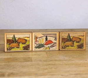 Mini juegos de fósforos de madera vintage de 3 juguetes años 50 Juri W. Alemania bisonte, coches, combustible - Imagen 1 de 5