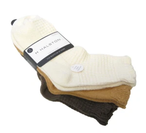 3 Pr Halston Ladies Asst Boot Socks Waffle Scalloped Edge Ivory Gold Brown - Picture 1 of 1