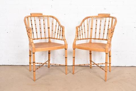 Faux Bamboo and Cane Regency Tub Armchairs Attributed to Baker Furniture, 1960s Cover
