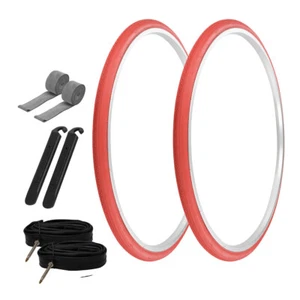 PRO+ TIRES 27" x 1-1/4" Red P-148 W/ TUBES, RIM STRIPS, & TIRE LEVERS 60mm Prest - Picture 1 of 1