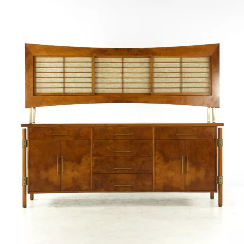 Harold Schwartz for Romweber Mid Century Burlwood and Brass Buffet and Hutch Cover
