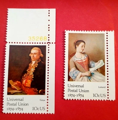 Scott # 1533  &   1537 - 2 UNVERSAL POSTAL UNION 10 CENT  1974 STAMP - VF OG MNH - Image 1 of 4