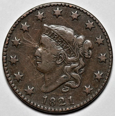 1821 Coronet Head Large Cent - Key Date - Scratches - US 1c Copper Penny - L37 Cover