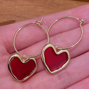 Big Red Heart Earrings for Womens Gold Filled Metal Love Heart Hoop Earrings