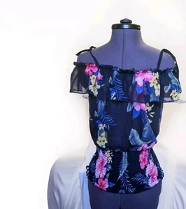 Jane Norman Black Multicoloured Floral Off Shoulder Sheer Top Size 6 Elegant - Picture 1 of 11