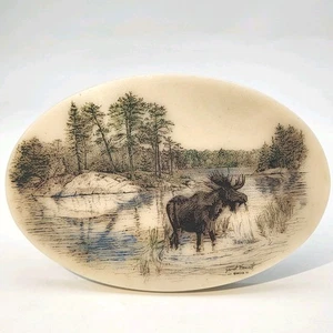 Janet Vancil Signed Stone Etching of Moose 6” Scrimshaw Landscape WO-DI 1997 - Picture 1 of 7