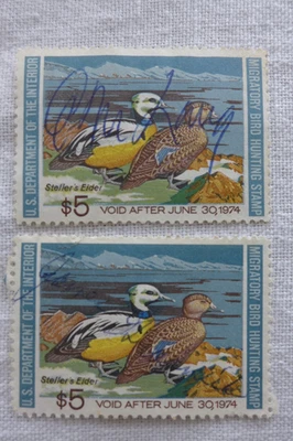 Lot of 2 used hunter signed 1973 US Duck Stamps Scott #RW40  $5 Steller’s Elders - Image 1 of 2