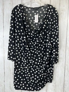 NWT Women's Top 18/20 Black White Polka Dot Cowl Neck Ruch Sides 3/4 Sleeve - Picture 1 of 13