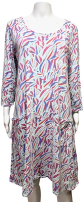 FRESH PRODUCE 红色蓝色图案 100% 棉口袋 3/4 连衣裙 美国制造 L 码 — 第 1/4 张图片