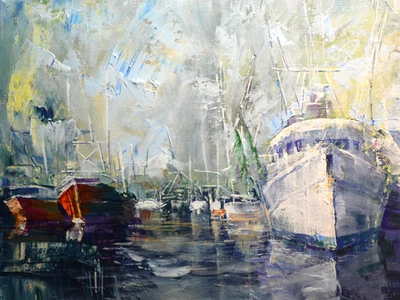 Original Fishing Boats Seascape Artwork by Jay Jack Jung (b. 1955) Signed | COA - Image 1 of 3