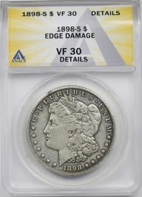1898-S $1 ANACS VF 30 Details Morgan Silver Dollar  - Image 1 of 4