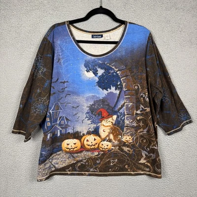 Basic Editions Top Womens 2X Blue Halloween Cat Lady Witch Bats Spiderweb Cozy - Image 1 of 4