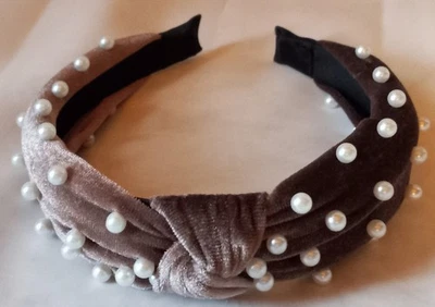 Soft Light Brown Velvet Faux Pearl  Headband For Night Or Day Wear.  #B   GA - Image 1 of 4