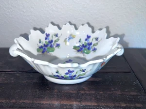 LIMOGES France Butterflies & Violets Oval Bowl Porcelain Dish Handles Scalloped - Picture 1 of 7