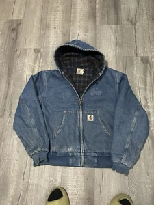 VTG 90s Carhartt JB1198 Denim Flannel Hooded Work Jacket A$ap Size Large - Picture 1 of 6