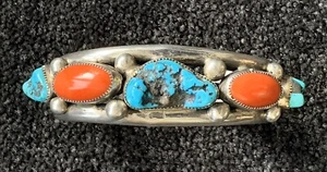 Vintage Navajo Sterling Turquoise & Coral Cuff Bracelet signed EM - Picture 1 of 8