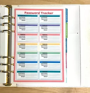 Password Organizer Dashboard Insert 4 use with ErinCondren A5 Ring Agenda - Picture 1 of 3