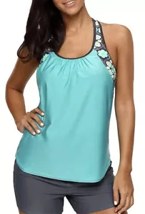 Dearlove Womens Blouson Striped Floral Print PushUp T-Back Tankini Top Size XL - Picture 1 of 10