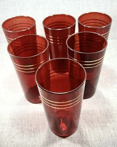Set of 6-Rare Vintage/Depression - Ruby Red Glasses with Gold Trim - 1930's - Picture 1 of 13